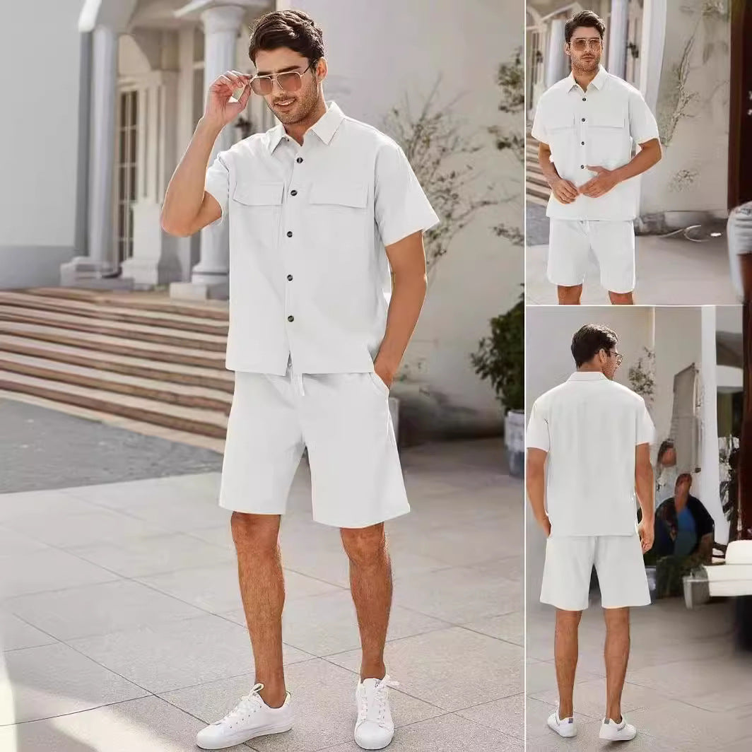 Men Summer Short Sleeve Suit with Lapel Pockets