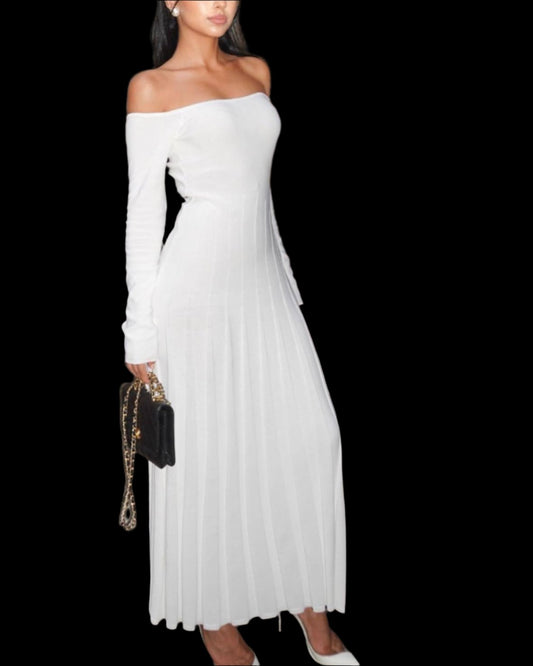 White Ladies Elegant Off The Shoulder Stripe Dress