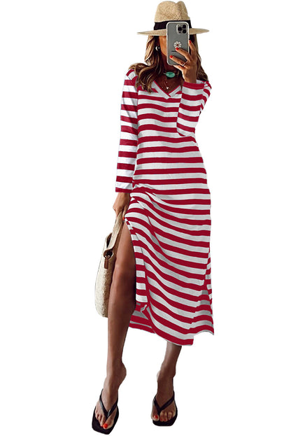 Red Ladies Spring/Summer Long Sleeve Slit Loose Printed Dress