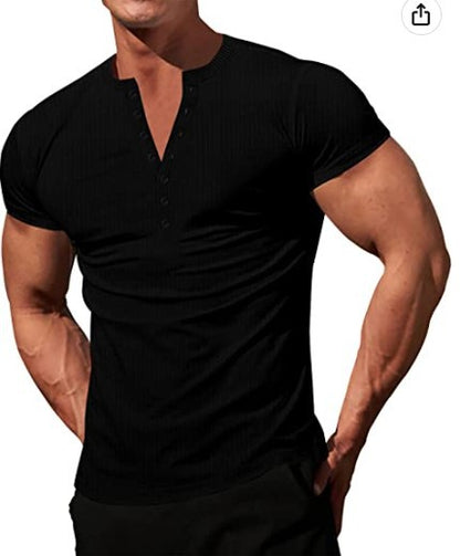 Solid Color Button V-neck Slim T-shirt