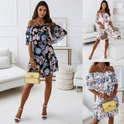 Women's Summer Casual Off-Shoulder Chiffon Flower Dress