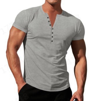 Solid Color Button V-neck Slim T-shirt