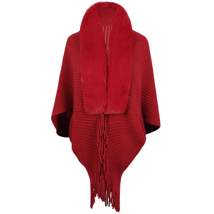 Red Fur Collar Tassel Shawl for Winter Warmth