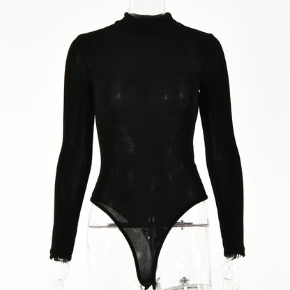 Black Ladies Long Sleeve Round Neck Body Suit