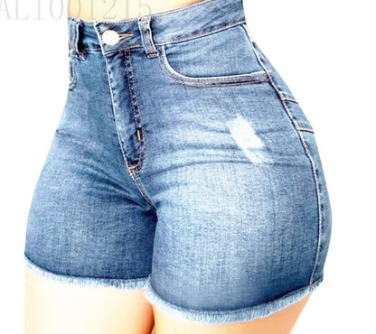 Women High Waist Stretch Ripped Tassel Denim Shorts