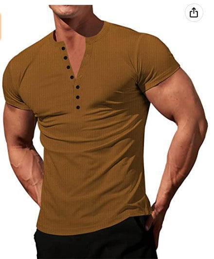 Solid Color Button V-neck Slim T-shirt