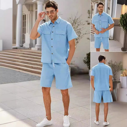 Men Summer Short Sleeve Suit with Lapel Pockets