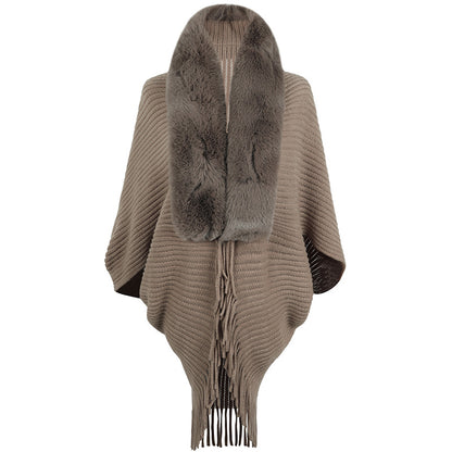 Fur Collar Tassel Shawl for Winter Warmth