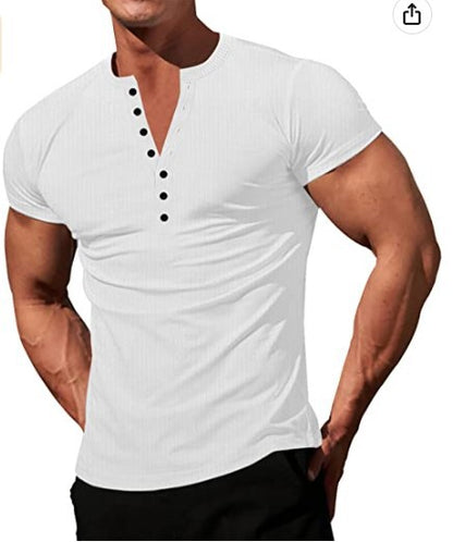 Solid Color Button V-neck Slim T-shirt