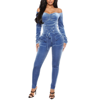 Velvet Off The Shoulder Slim Jumpsuit