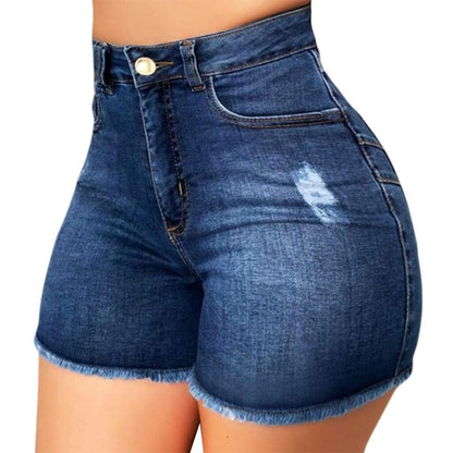 Women High Waist Stretch Ripped Tassel Denim Shorts