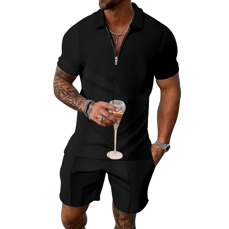 Men's Black Short-Sleeved Shirt & Shorts Suit