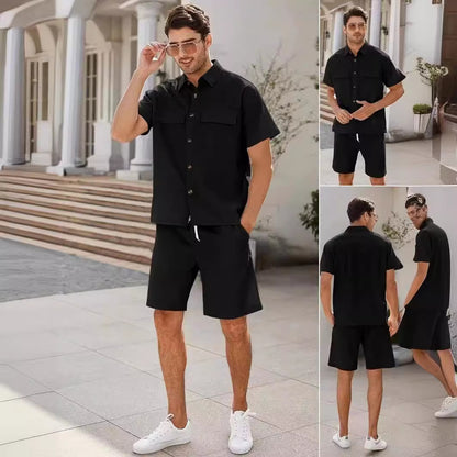 Men Summer Short Sleeve Suit with Lapel Pockets