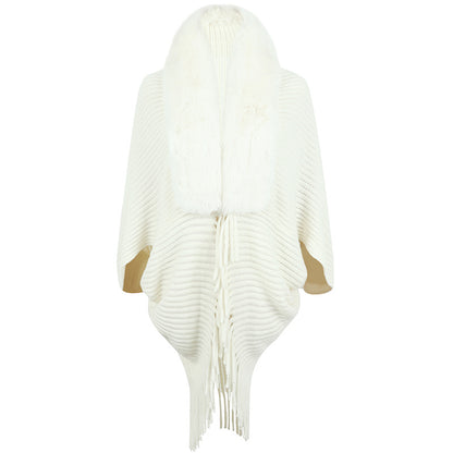 Fur Collar Tassel Shawl for Winter Warmth