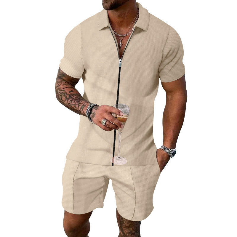 Men's Khaki Short-Sleeved Shirt & Shorts Suit