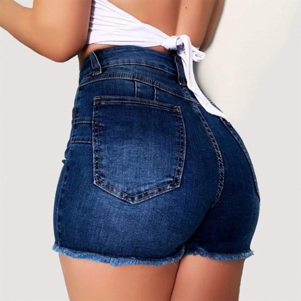 Women High Waist Stretch Ripped Tassel Denim Shorts