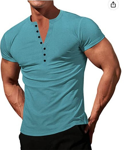 Solid Color Button V-neck Slim T-shirt