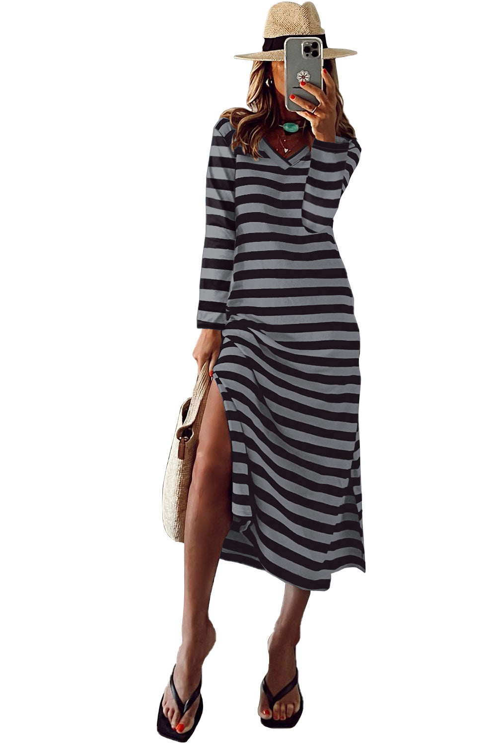 Ladies Spring/Summer Long Sleeve Slit Loose Printed Dress