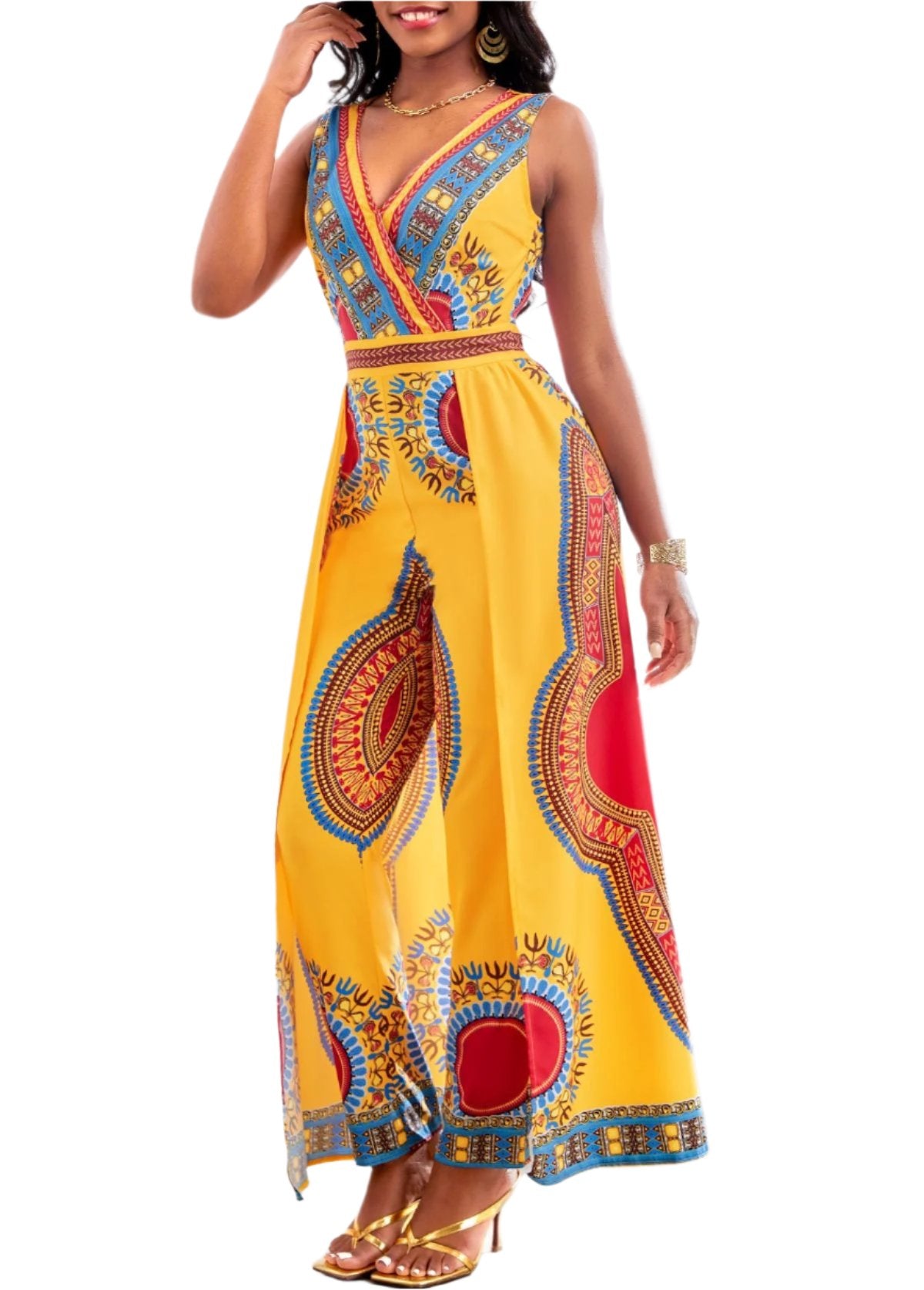 Moroccan Style Digital Print V-neck Jumpsuit