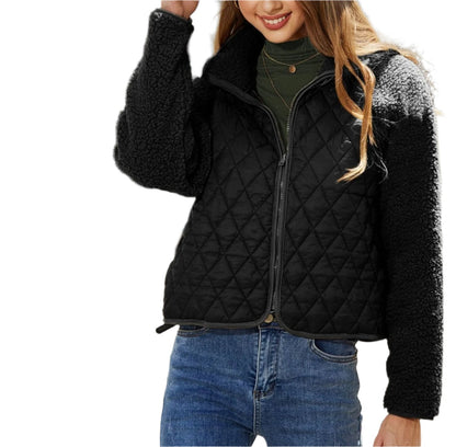 Ladies Diamond Pattern Zipper Plush Coat