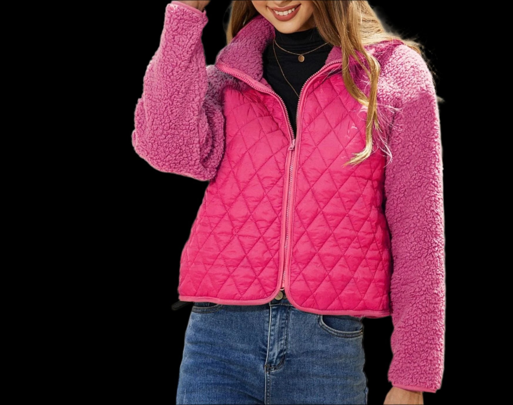 Pink Ladies Diamond Pattern Zipper Plush Coat