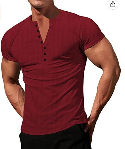 Solid Color Button V-neck Slim T-shirt