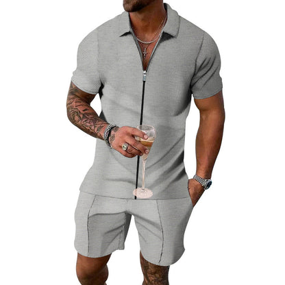 Men's Light Grey Short-Sleeved Shirt & Shorts Suit