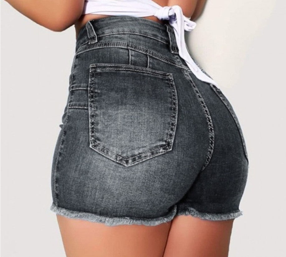 Women High Waist Stretch Ripped Tassel Denim Shorts