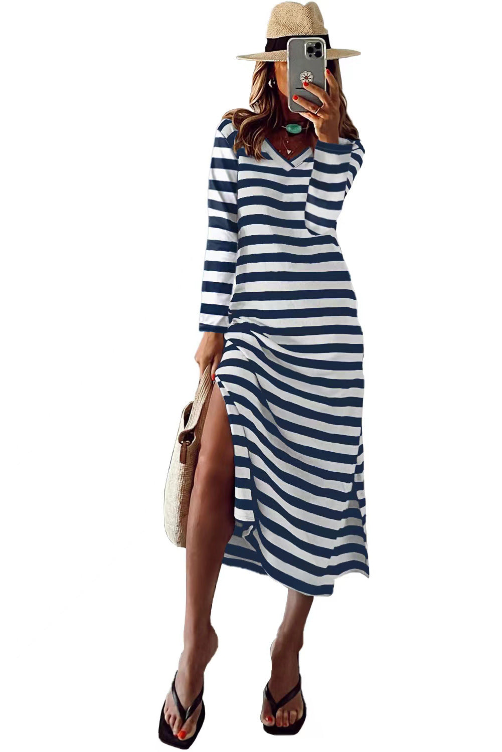 Blue Ladies Spring/Summer Long Sleeve Slit Loose Printed Dress