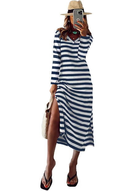 Blue Ladies Spring/Summer Long Sleeve Slit Loose Printed Dress