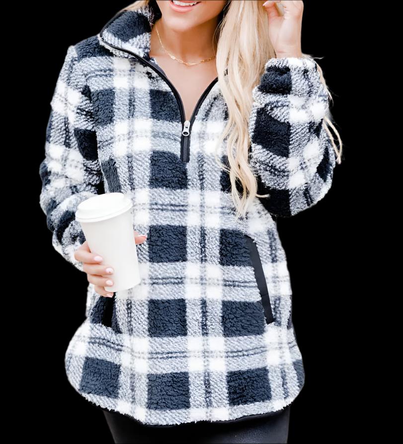 Black & White Plaid Plush Cozy Style Pullover Zip-Up Sweater