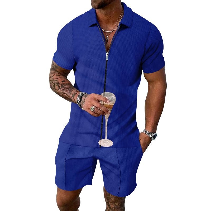 Mens Blue Short-Sleeved Shirt & Shorts Suit