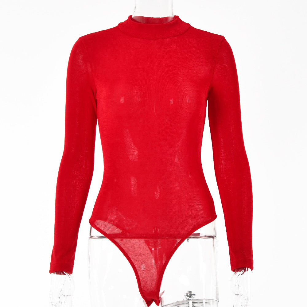 Red Ladies Long Sleeve Round Neck Body Suit