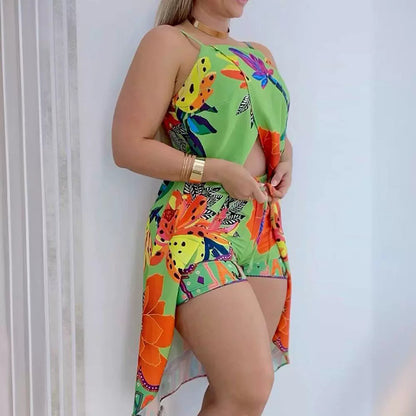 Ladies Floral Halter Slit Top & Shorts Suit