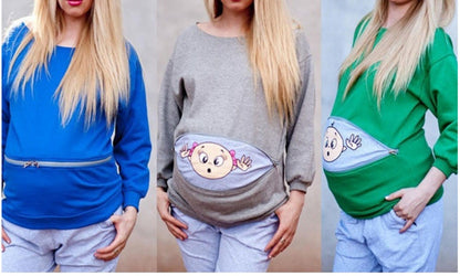 Long Sleeve Pregnancy Top with a peekaboo zip display of baby girl or boy