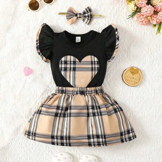 Baby Girl Ruffled Sleeve Heart Plaid Bodysuit & Skirt Set