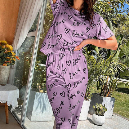 Love Heart Print Round Neck Short-Sleeve Pajama Set