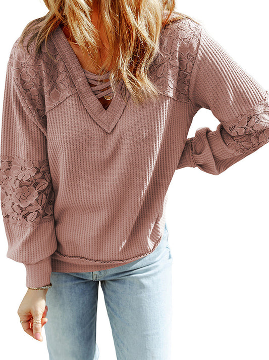 Ladies V-neck Lace Detail Long-sleeved Top