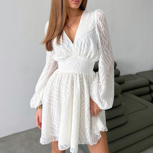 Women's French Jacquard Waist A- Line Dress White