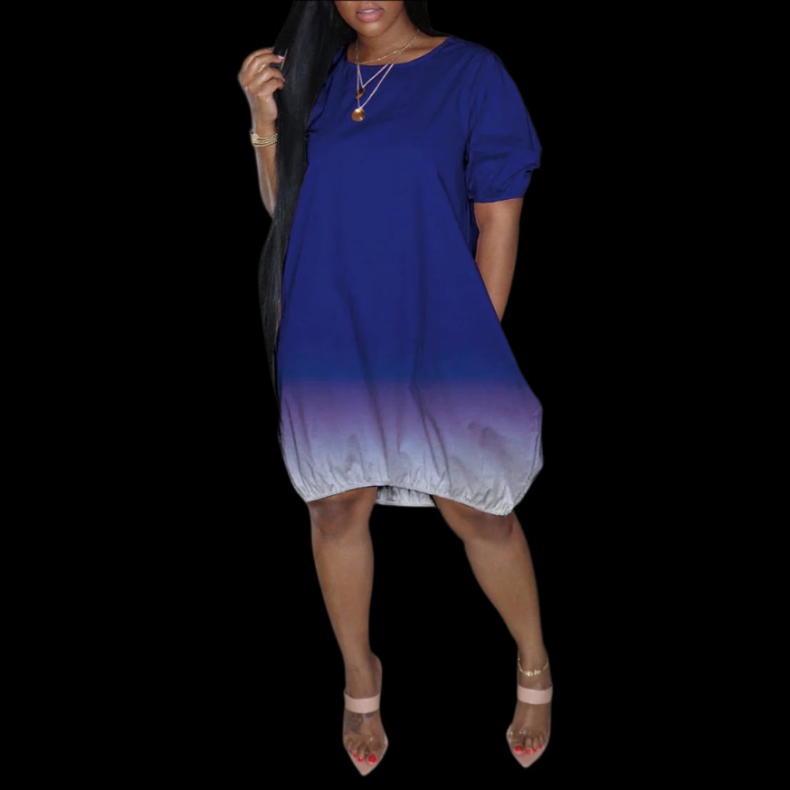 Blue Plus Size Short Sleeve Gradient Dye Dress