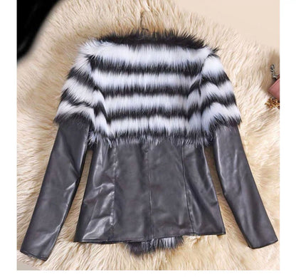 Wild Look Faux Fur Collar Slim Fit PU Leather Jacket