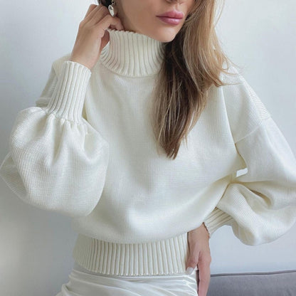 White Elegance Redefined: Ladies Puff Sleeve Turtleneck Sweater