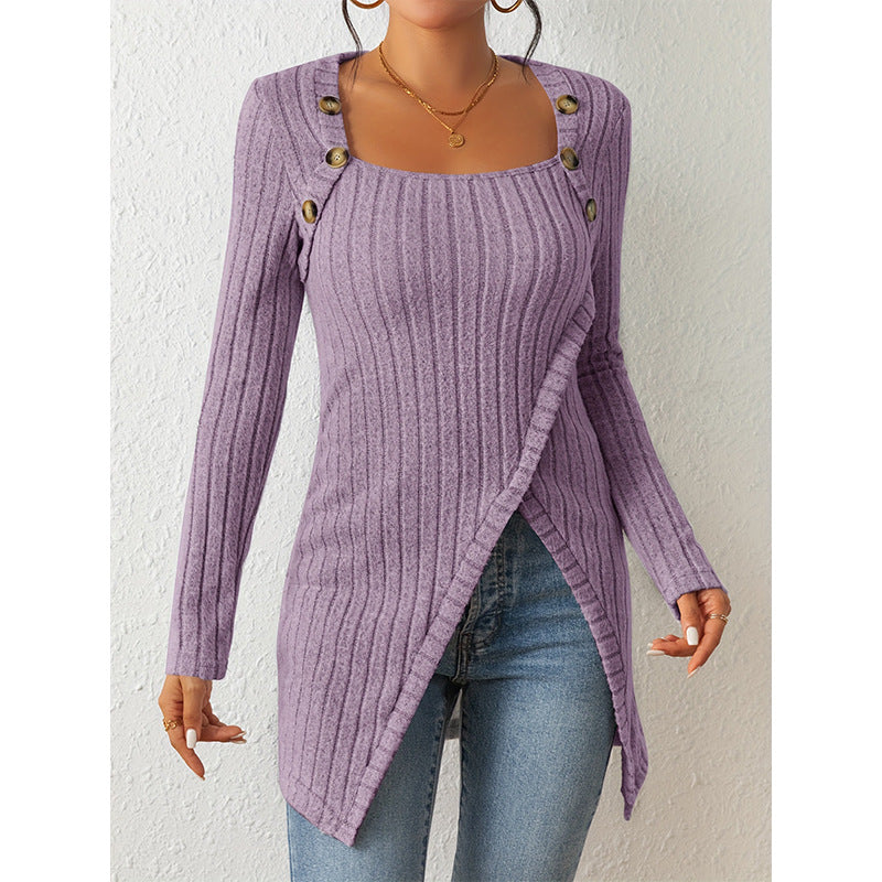 Ladies Purple Slit comfort Square-Neck Sweater