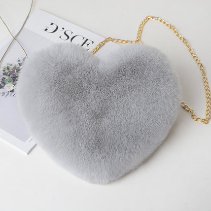 Plush Heart Shoulder Bag with Gold Chain