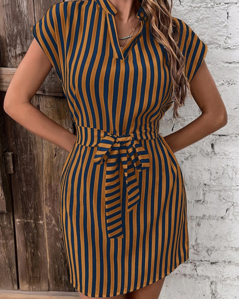 Brown Stripe Front view of Women's Gorgeous Striped Sleeveless Dress