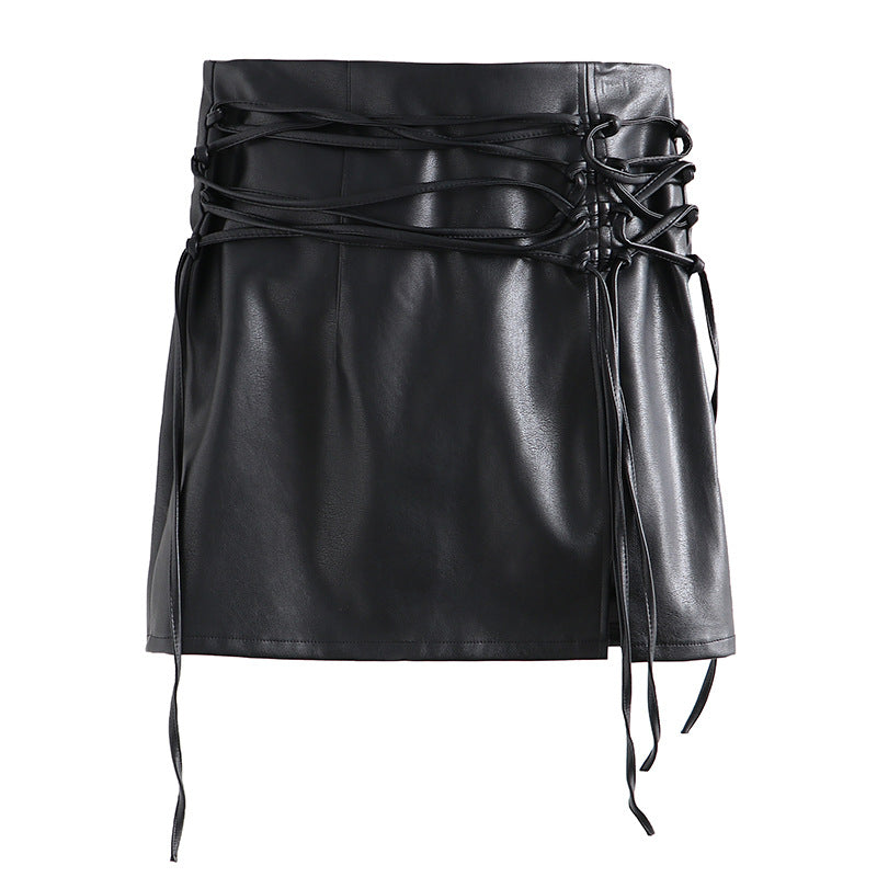 PU Leather High Waist Hip Skirt With Slit Straps