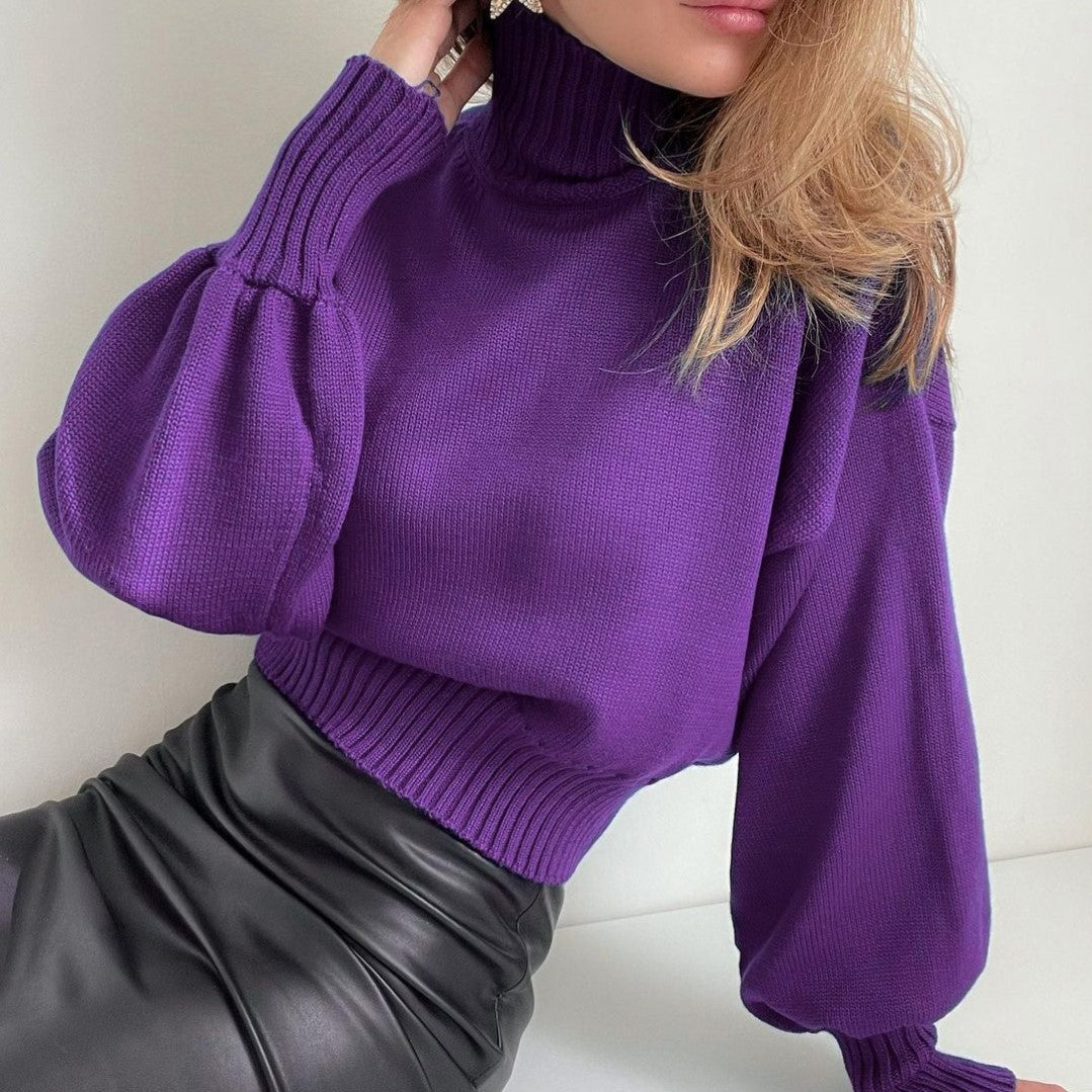 Purple Elegance Redefined: Ladies Puff Sleeve Turtleneck Sweater