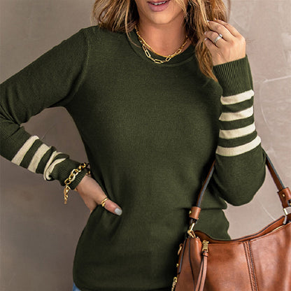 Plain Knitted Chic Sweater With Striped Sleeves