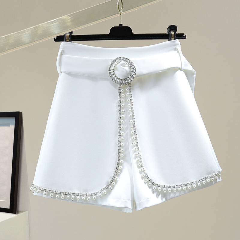 Summer White High Waist Shorts with Diamond Buckle Belt