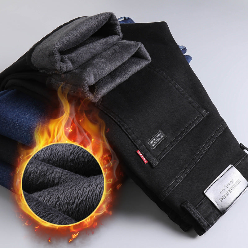 Men's Winter Black  Fleece-lined Jeans